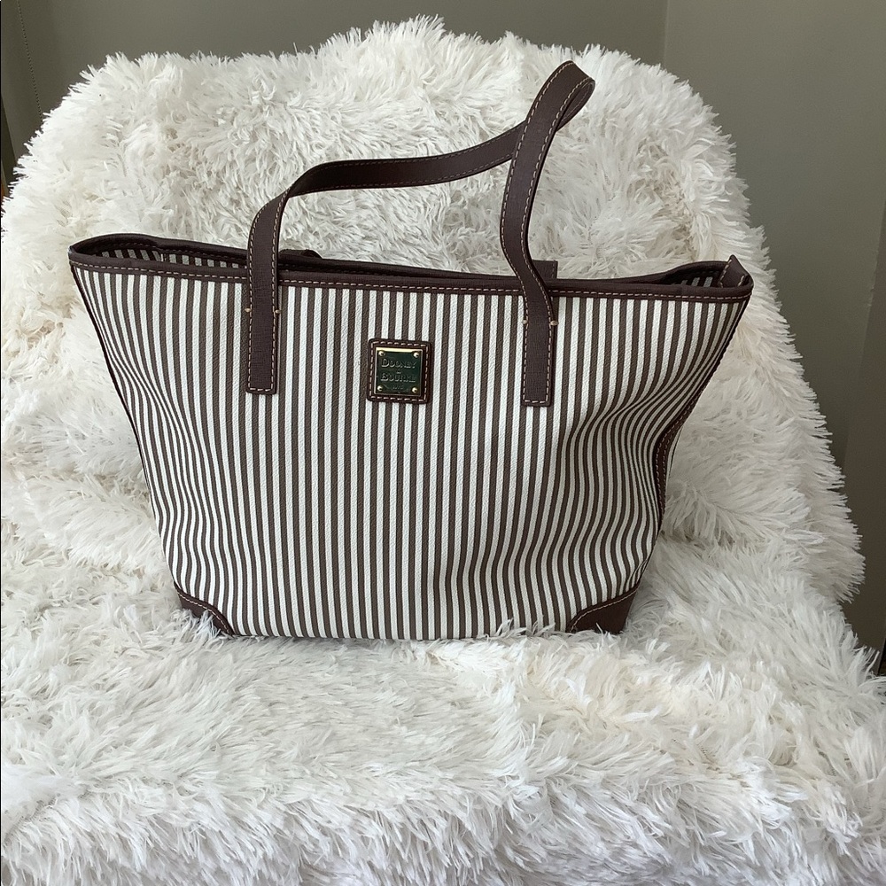 Dooney and Bourke grey and cream colored striped tote